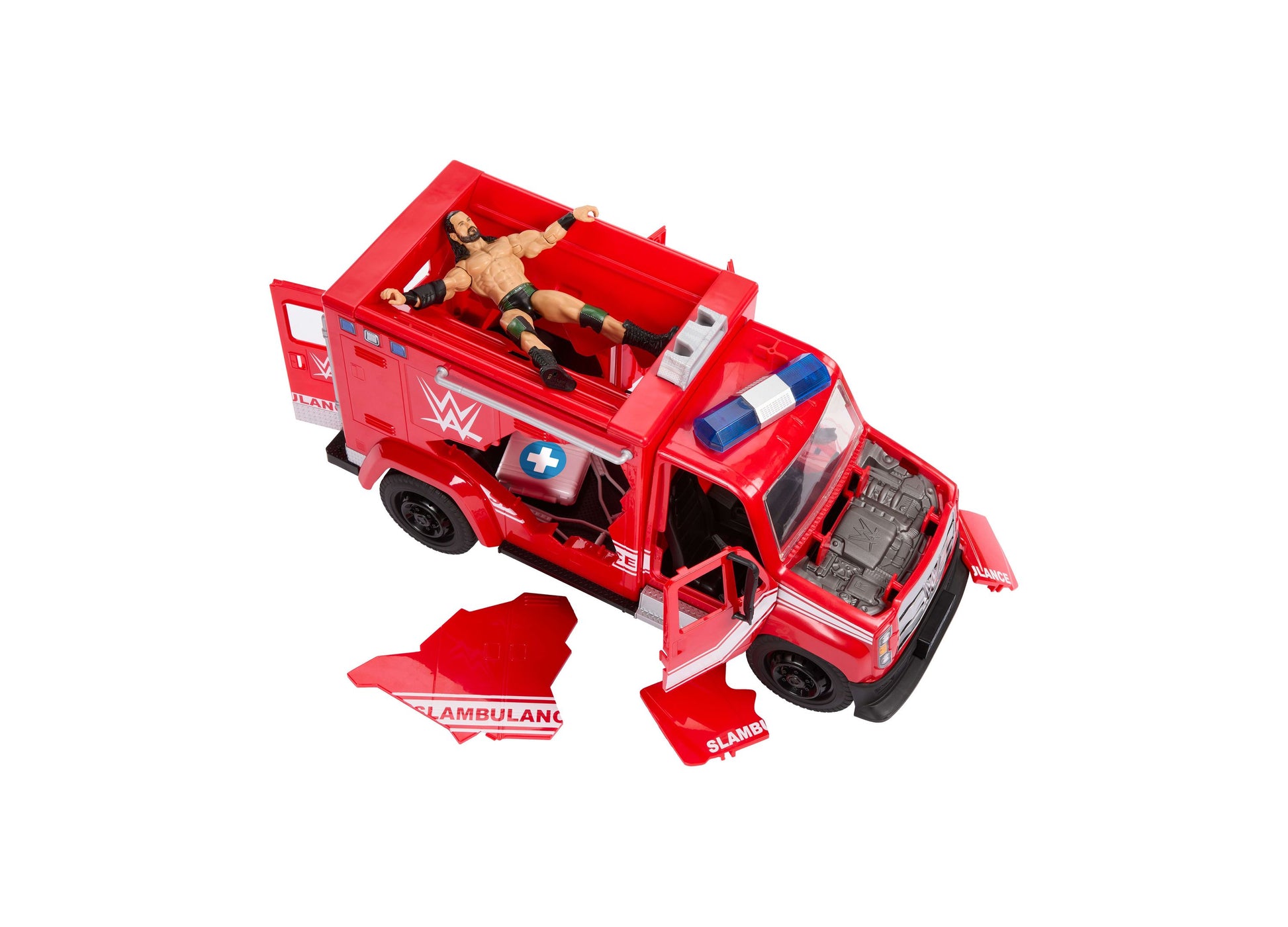 WWE Slambulance 14-Piece Breakaway Playset red ambulance toy with wrestler figure
