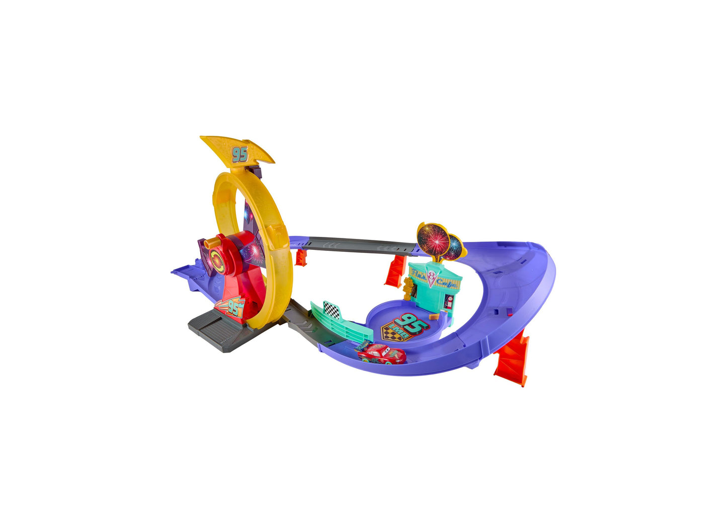 Cars Lightning McQueen Light-Up Celebration Raceway playset with yellow loop, purple track, and red accessories