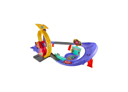 Cars Lightning McQueen Light-Up Celebration Raceway playset with yellow loop, purple track, and red accessories
