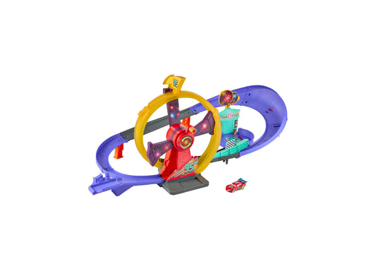 Cars Lightning McQueen Light-Up Celebration Raceway playset with purple track loops and red race car
