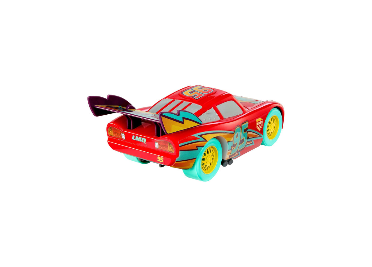 Red Lightning McQueen toy car #95 with turquoise wheels, yellow details, and opening hood door