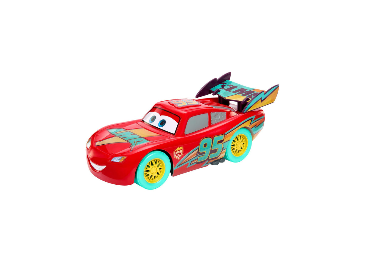 Red Lightning McQueen toy car #95 with turquoise wheels, gold accents, and opening hood panel