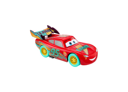 Red Lightning McQueen toy car #95 with turquoise wheels, colorful side panels, and light-up roof feature