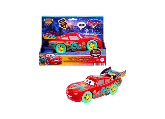 Cars Lightning McQueen red toy vehicle with turquoise wheels, number 95, shown with packaging featuring lights and so...