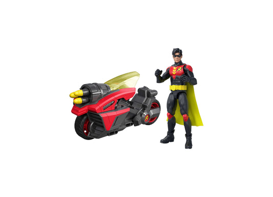 DC Comics Batlink Robin 6.5-inch action figure in red and yellow costume with yellow cape, posed next to red motorcyc...