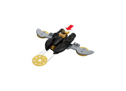 DC Comics Batman Bat-Drone vehicle with black body, gray hood panels, gold accents, red flag, and included disc acces...
