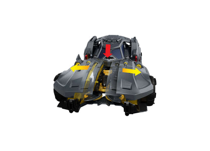 DC Comics Batman Bat-Drone vehicle with gray and yellow split hood design, open canopy, and included disc accessories