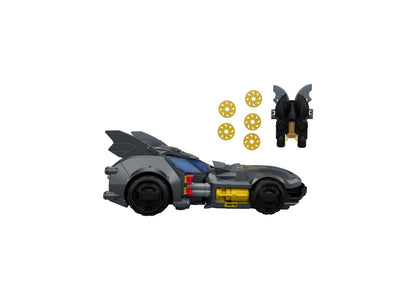 Batman Bat-Drone vehicle with black body, gold accents, flip-top canopy, and included disc accessories