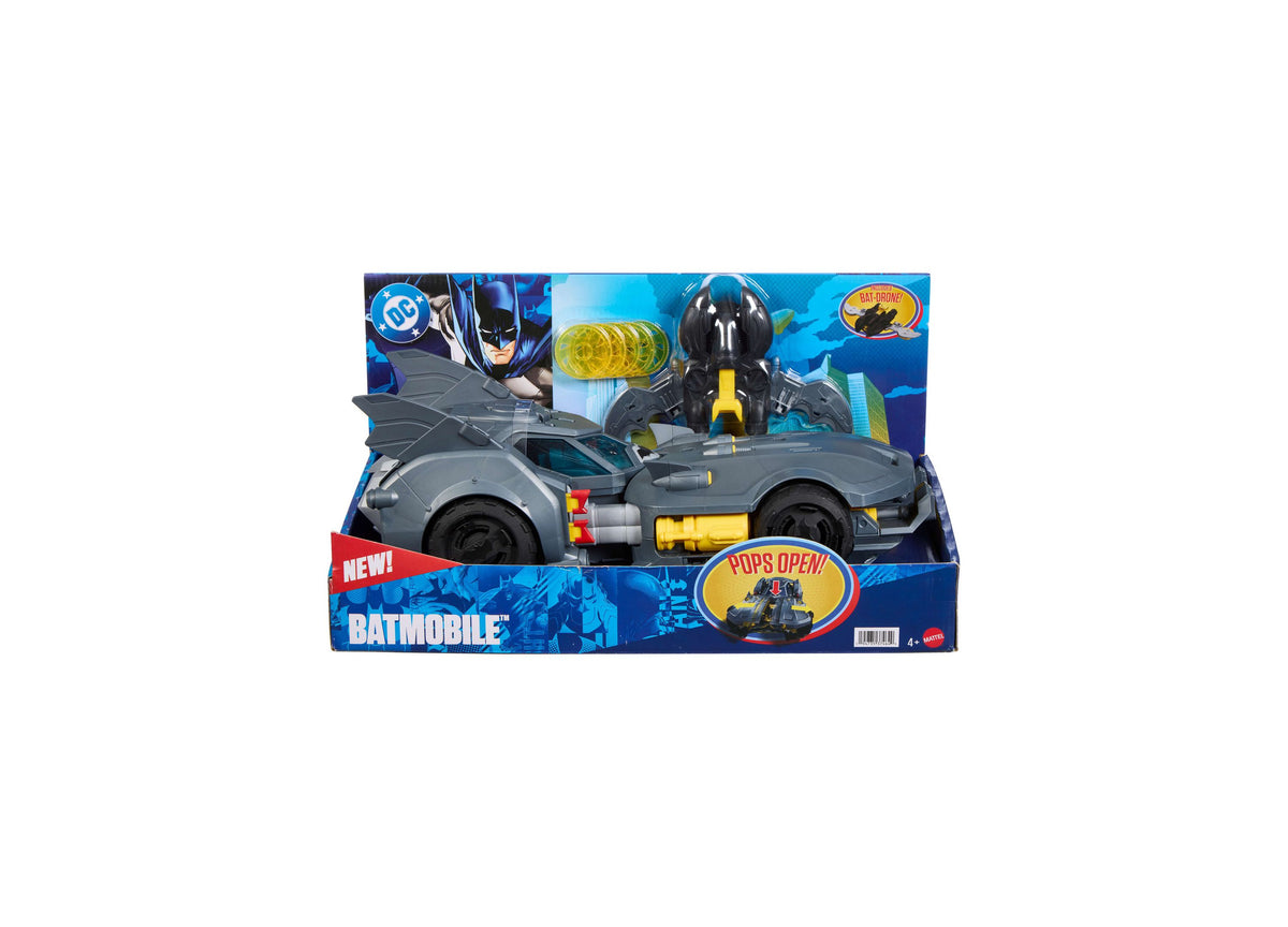DC Comics Batman Bat-Drone vehicle with gray and yellow design, split hood, and flip-top canopy, shown with included ...