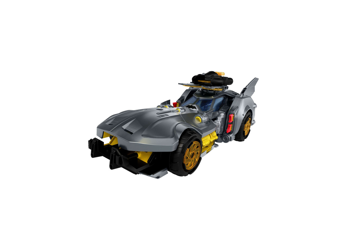 DC Comics Batman Bat-Drone vehicle in gray, black, and yellow with opening canopy and flip hood