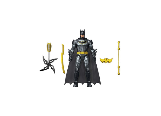 DC Comics Batman 12" Action Figure with black suit, yellow belt, cape, and four weapon accessories disp...