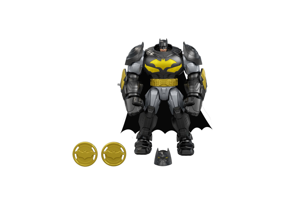 DC Comics Batman Mech Suit action figure in black and yellow armor with cape, shown with two gold battle d...