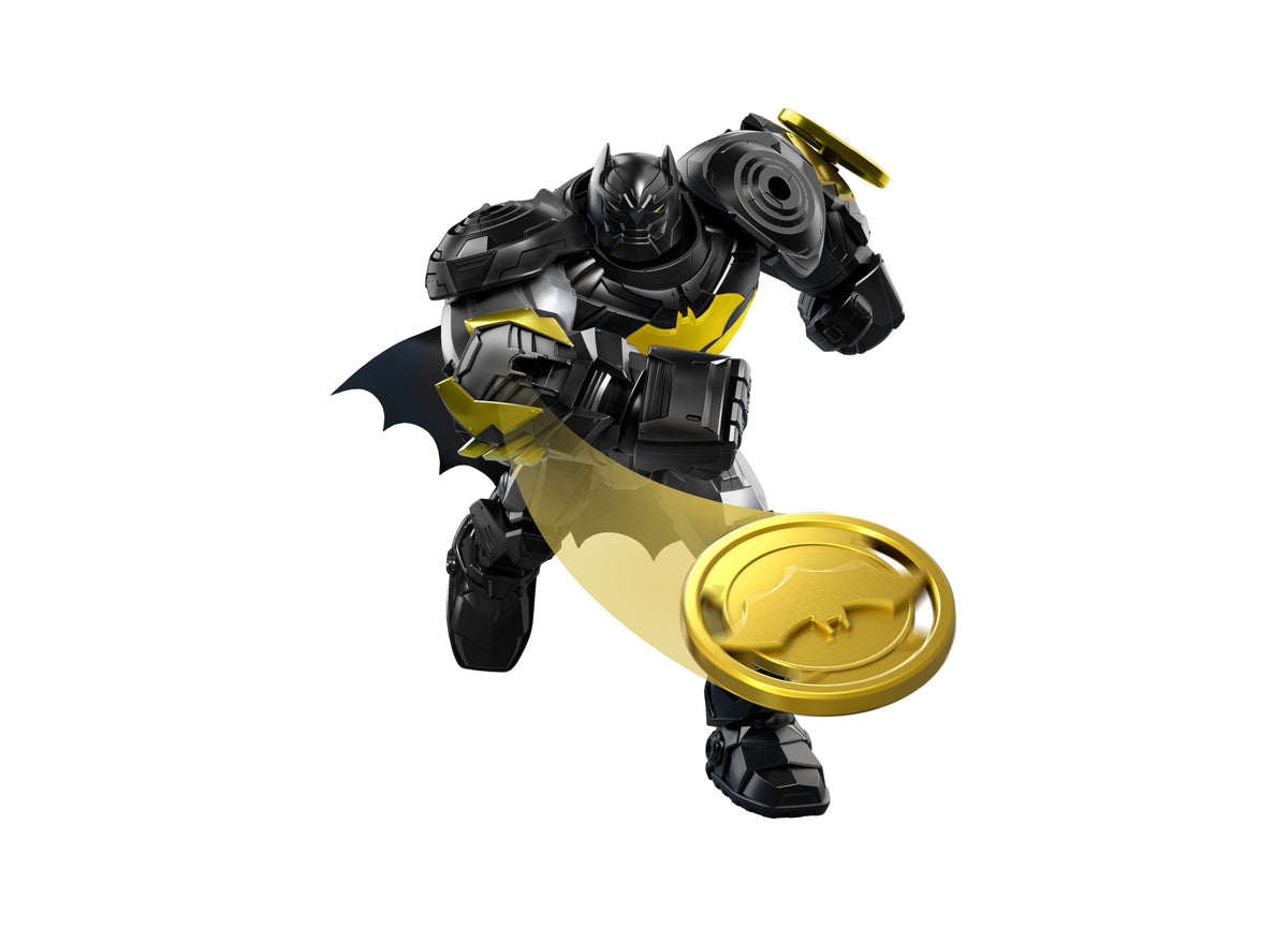 DC Comics Batman Mech Suit action figure in black and yellow armor with removable helmet, holding gold bat...