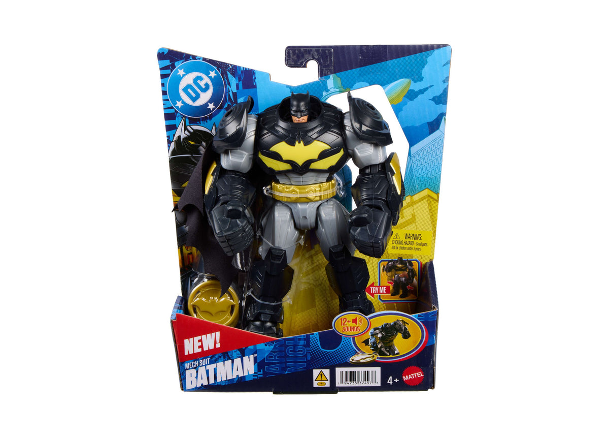 DC Comics Batman Mech Suit action figure in black and yellow armor with removable helmet, shown in packaging with bat...