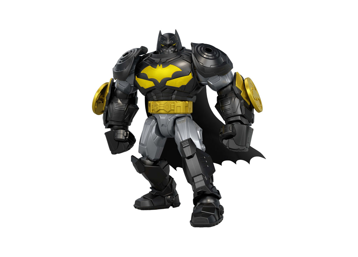 DC Comics Batman Mech Suit action figure in black and yellow armor with oversized battle disc launcher