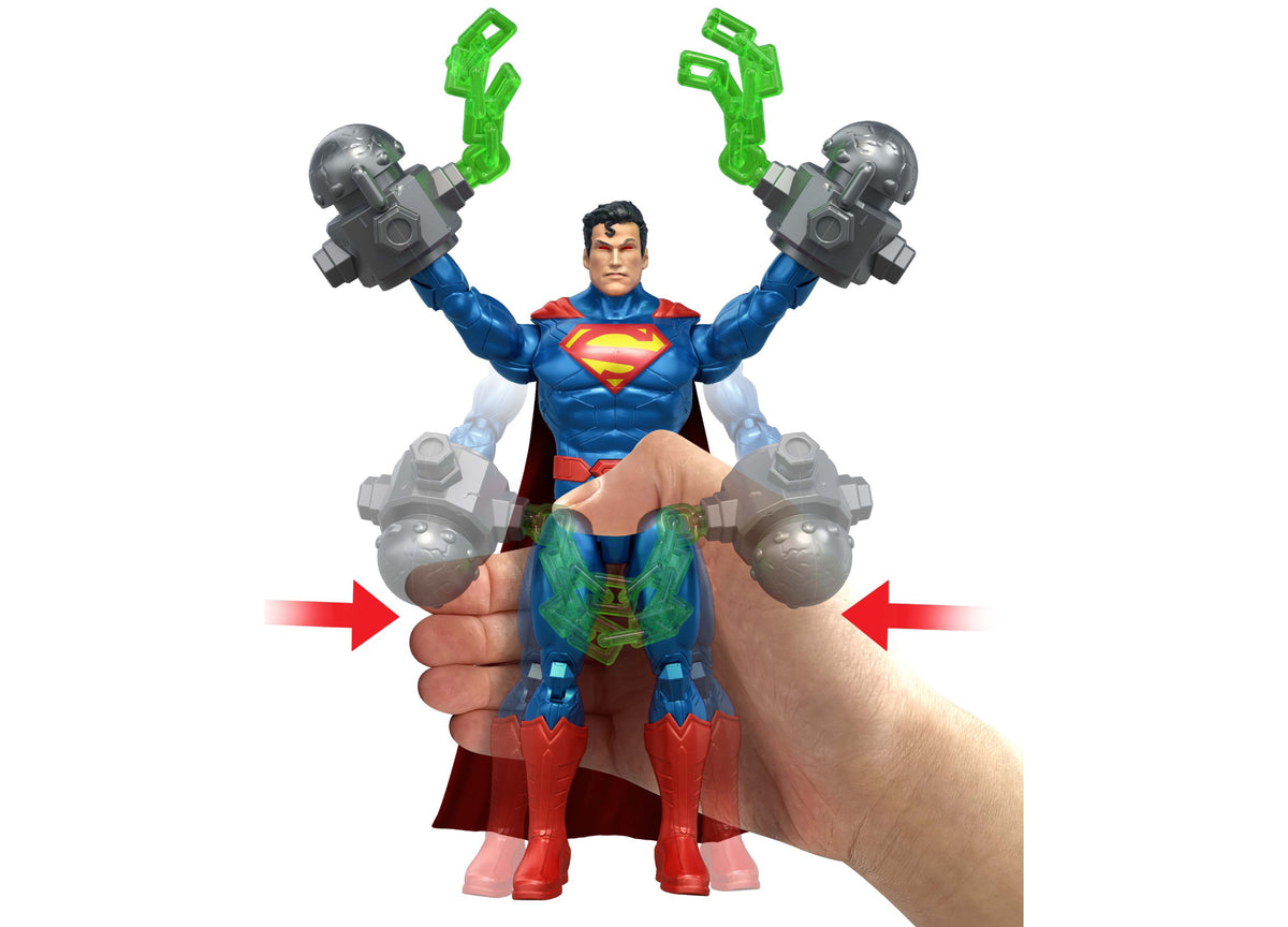DC Comics Heat Vision Superman 6.5" Action Figure held in hand, showing blue suit, red cape, and light-up green heat ...