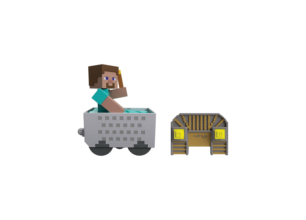 Minecraft RC minecart vehicle with brown-haired Steve character, gray cart with cyan accents, and gold barn structure