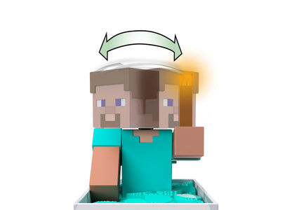 Minecraft RC minecart vehicle with brown-haired character figure, turbo boost feature, and teal water base