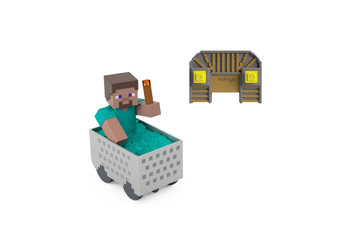 Minecraft Steve character in RC minecart vehicle with remote controller and gold Egyptian-style structure