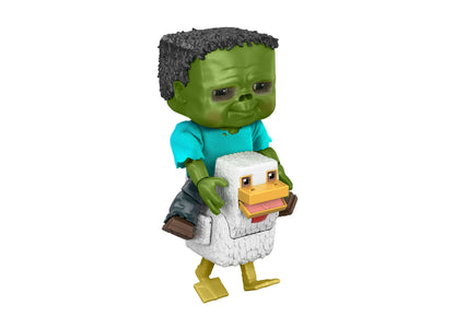 Minecraft Chicken Jockey action figure with baby zombie character wearing turquoise shirt riding white chicken with y...