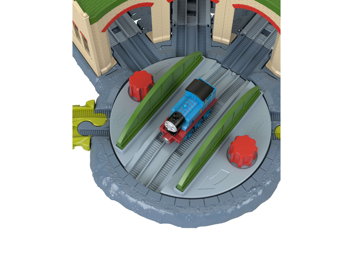 Thomas & Friends Explorin' Tidmouth Sheds set with blue and red Thomas train on turntable track