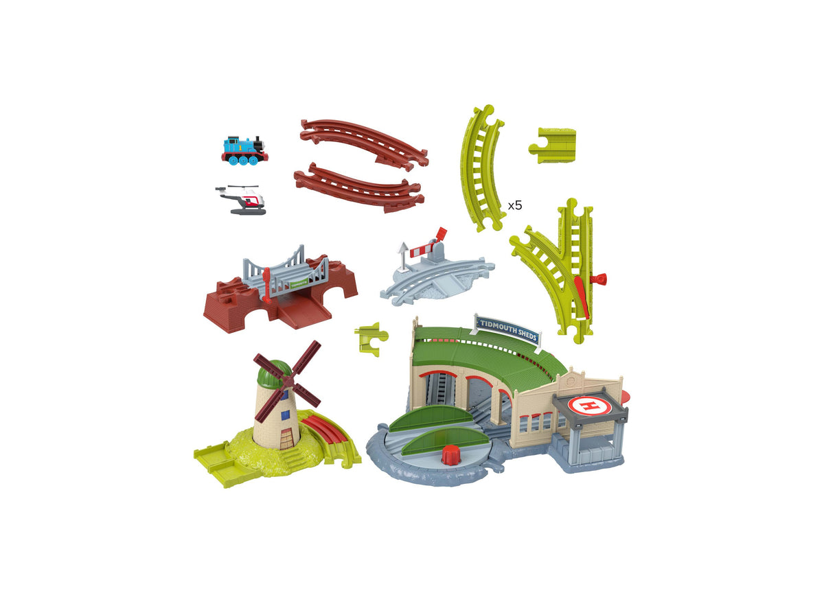 Thomas & Friends Explorin' Tidmouth Sheds playset with blue train engine, windmill, shed building, track pieces, and ...