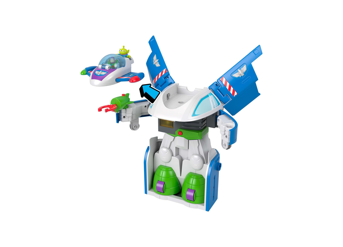 Imaginext Toy Story 3-in-1 Transforming Spaceship Playset with blue, green, and white colors