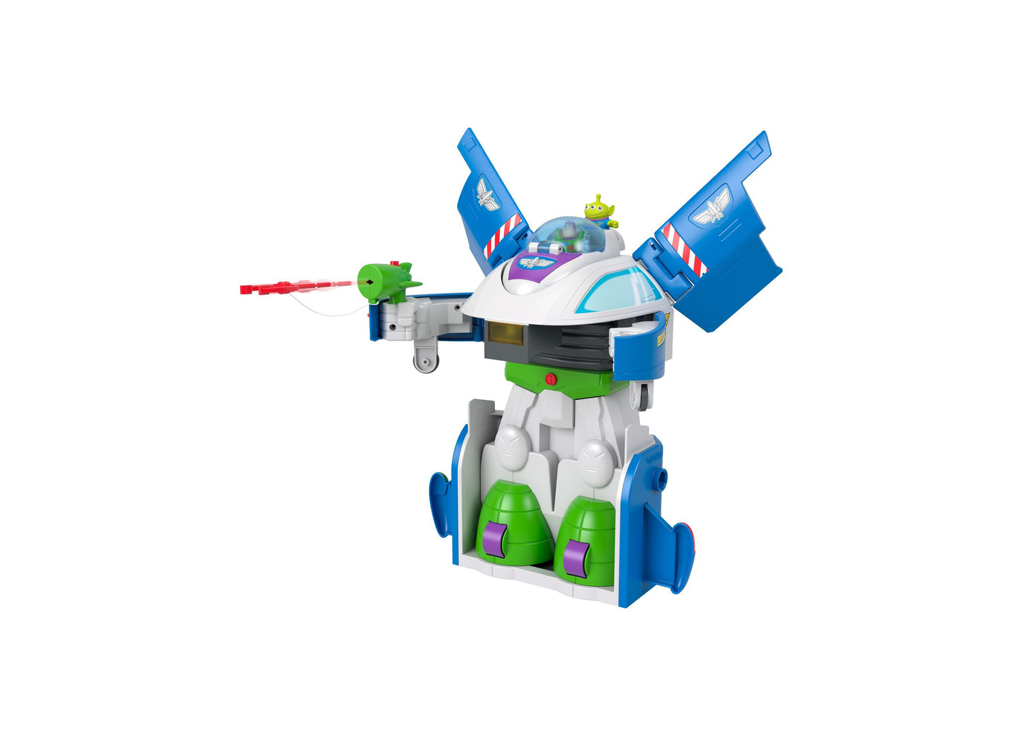 Imaginext Toy Story 3-in-1 Transforming Spaceship with Buzz Lightyear figure, blue and green