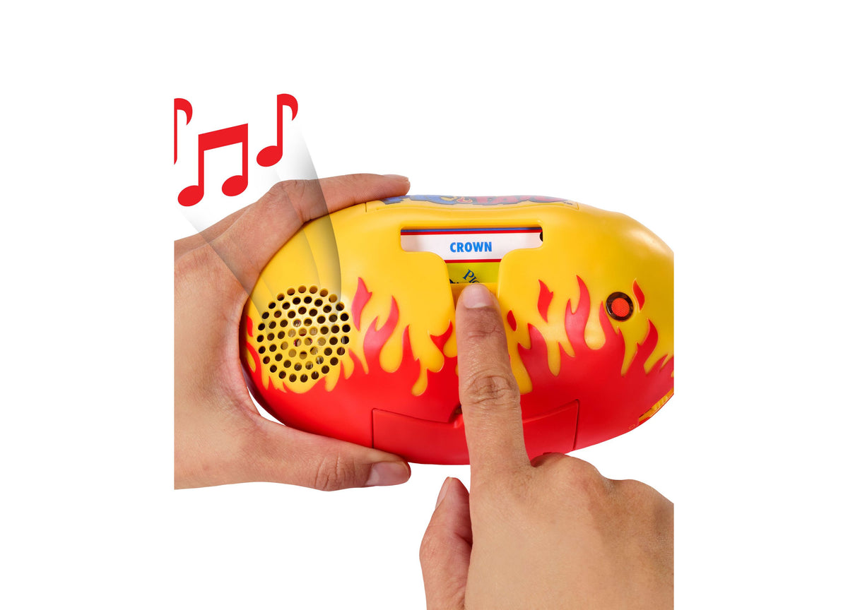 Mattel Pictionary Pic-Tato Hot Potato Drawing Game in yellow and red with flame design, held in hands