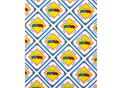 Pictionary Pic-Tato game boxes arranged in diagonal pattern with yellow diamond shapes, blue and red borders, and sma...