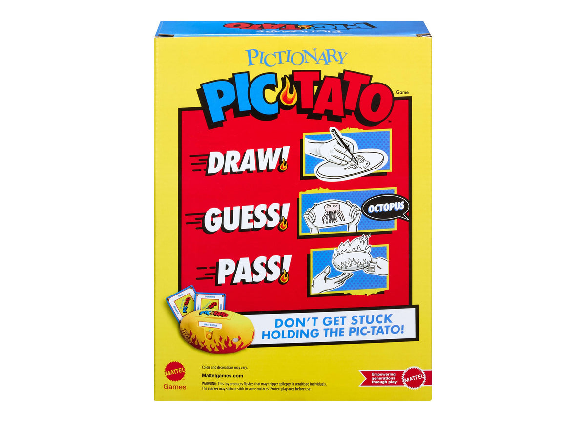 Pictionary Pic-Tato drawing game box showing Draw, Guess, Pass gameplay with yellow and red packaging