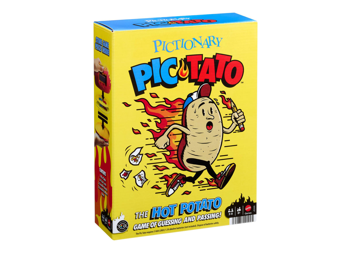 Pictionary Pic-Tato Hot Potato drawing game box featuring yellow packaging with animated potato character holding a t...