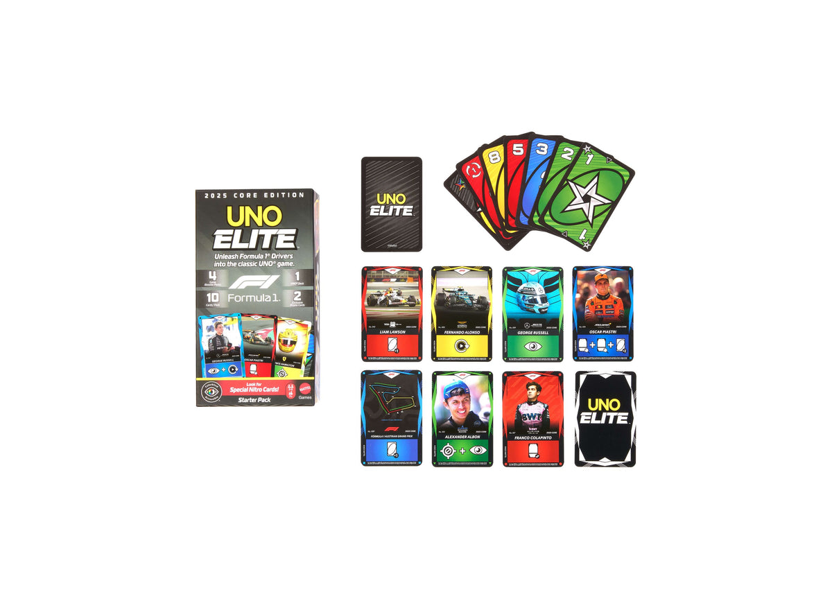 UNO Elite Formula 1 2025 Core Edition card game starter pack with colorful numbered cards and Formula 1 driver charac...