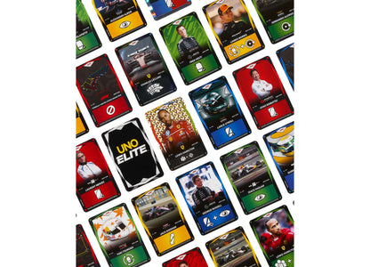 UNO Elite Formula 1 2025 card game displayed with multiple F1 driver cards in red, yellow, blue, and green arranged o...