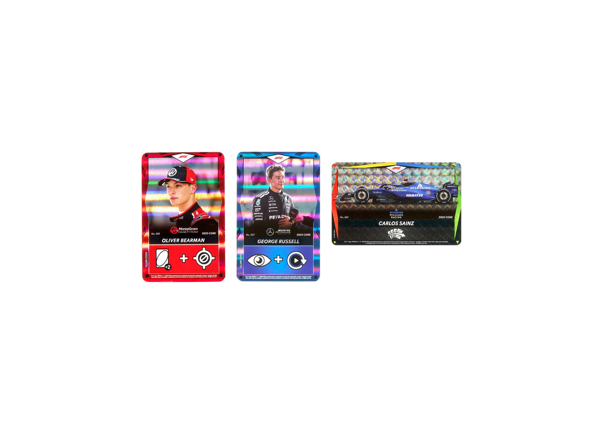 UNO Elite Formula 1 2025 Core Edition Card Game featuring three red, blue, and green card packs with F1 drivers and r...