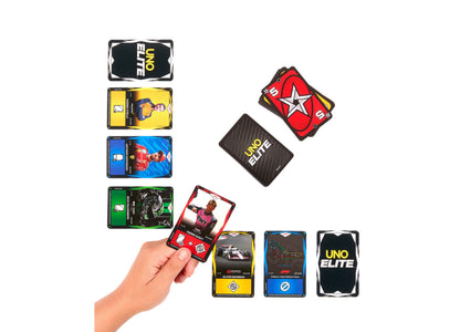 UNO Elite Formula 1 2025 card game set with red, yellow, blue and green card decks displayed with packaging