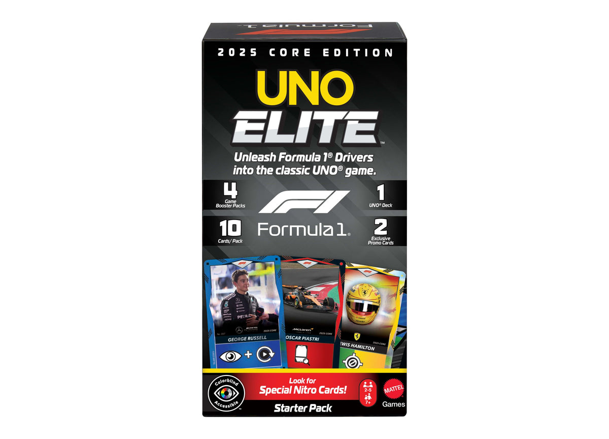 UNO Elite Formula 1 2025 Core Edition card game box featuring racing drivers and colorful game cards