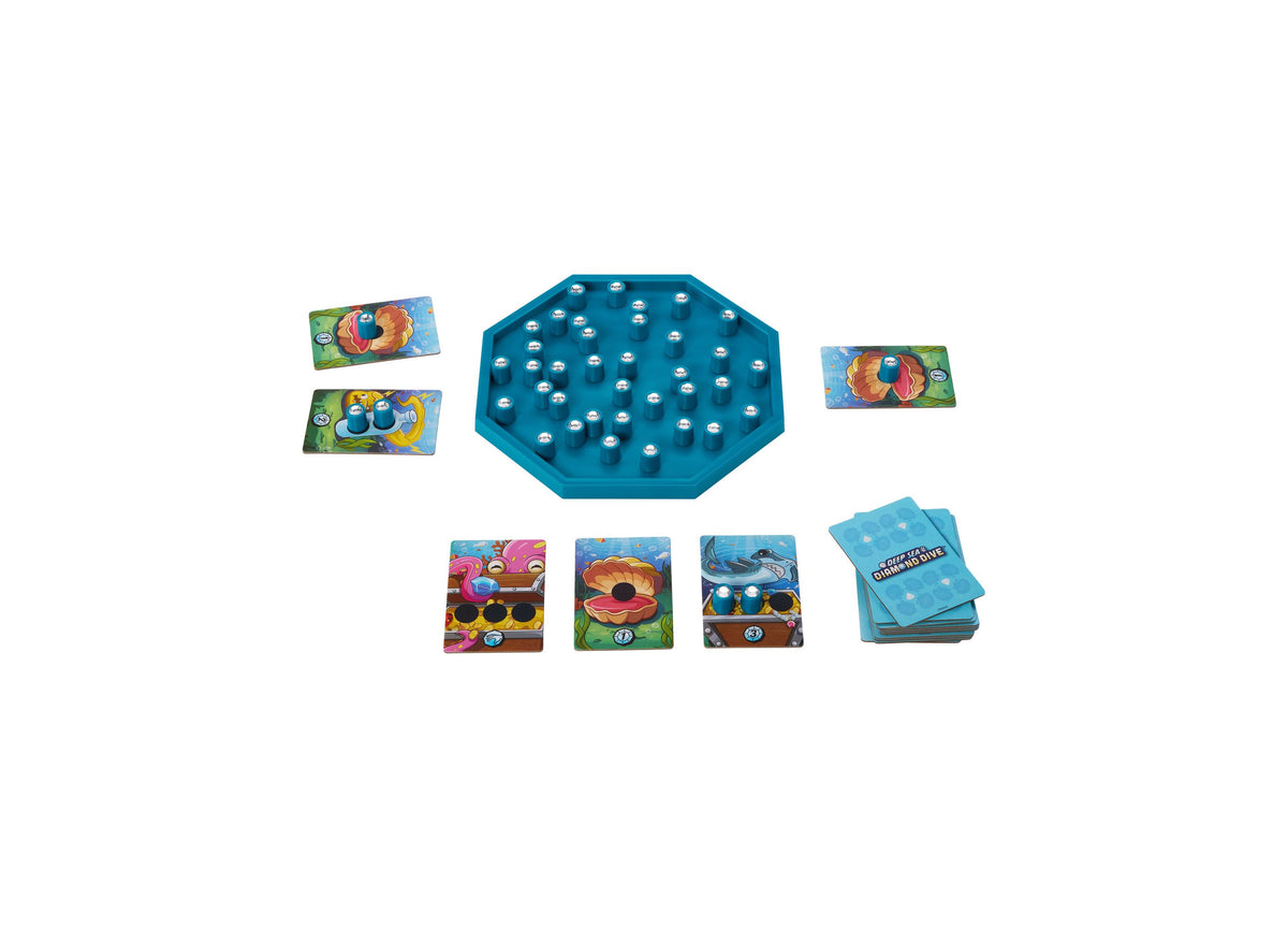 Mattel Deep Sea Diamond Dive board game set with blue octagonal game board, gem pieces, colorful Treasure Cards featu...