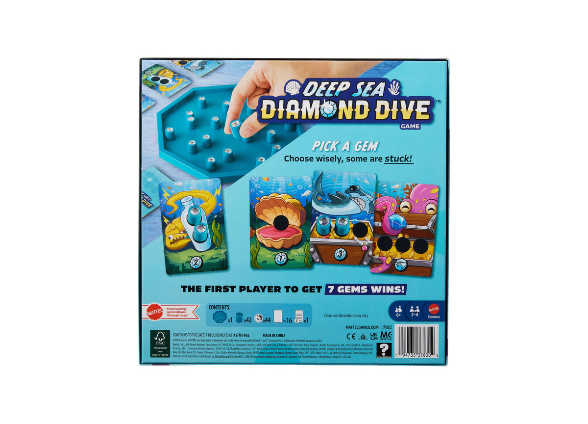 Deep Sea Diamond Dive board game box showing blue game board, gem-picking cards, and treasure chest graphics