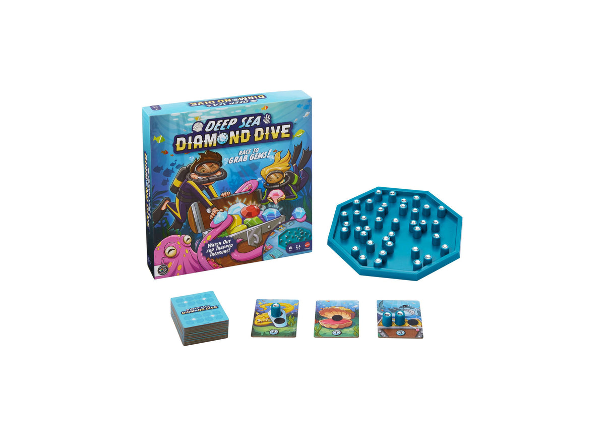 Deep Sea Diamond Dive board game box with blue octagonal game board, gem pieces, Treasure Cards, and character tiles ...