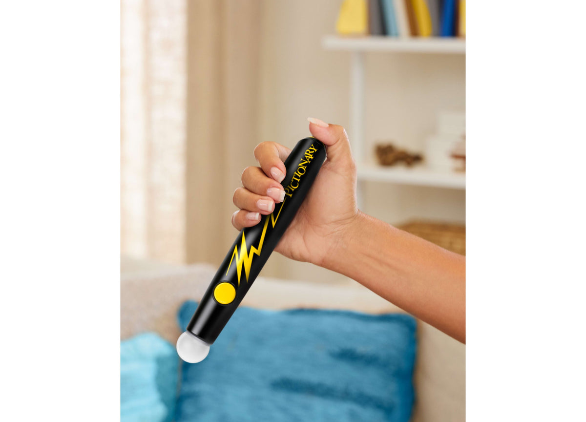 Mattel Pictionary Air Takeover Drawing Game air pen with yellow lightning bolt design held in hand