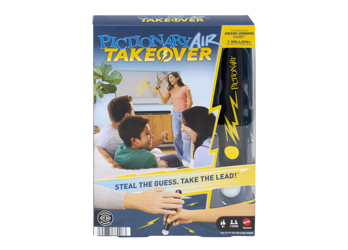 Pictionary Air Takeover Drawing Game box showing players using air pen with blue and yellow branding