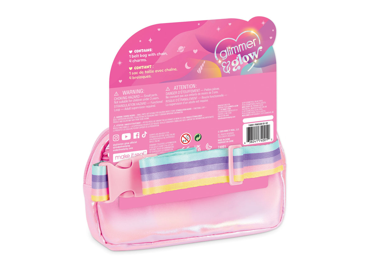 Make It Real DIY Chain and Charms Belt Bag in pink with rainbow striped belt and four clip-on charms