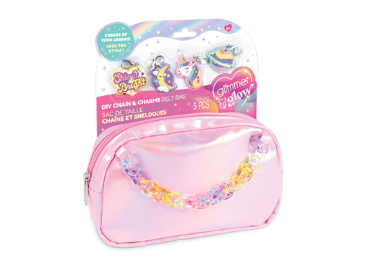 Make It Real DIY Chain and Charms Belt Bag in pink with rainbow chain handle and four clip-on charms featuring unicor...