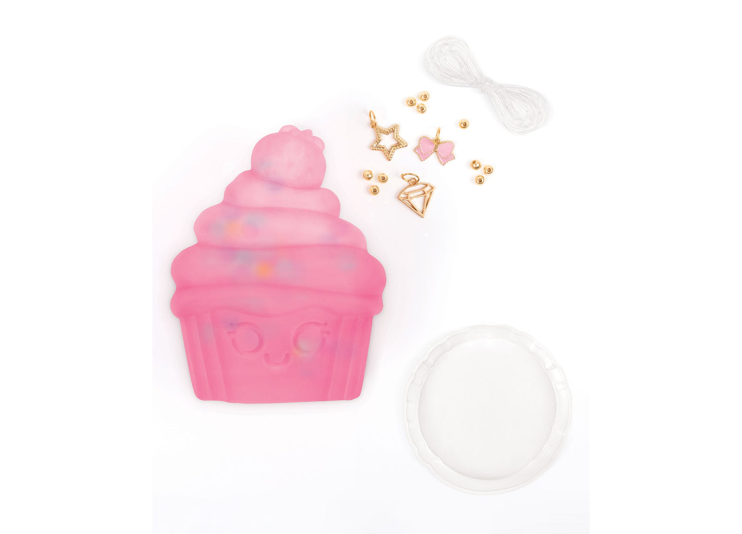 Make It Real Pick Perfect Cupcake Bracelet Kit with pink cupcake case, gold charms, beads, and string