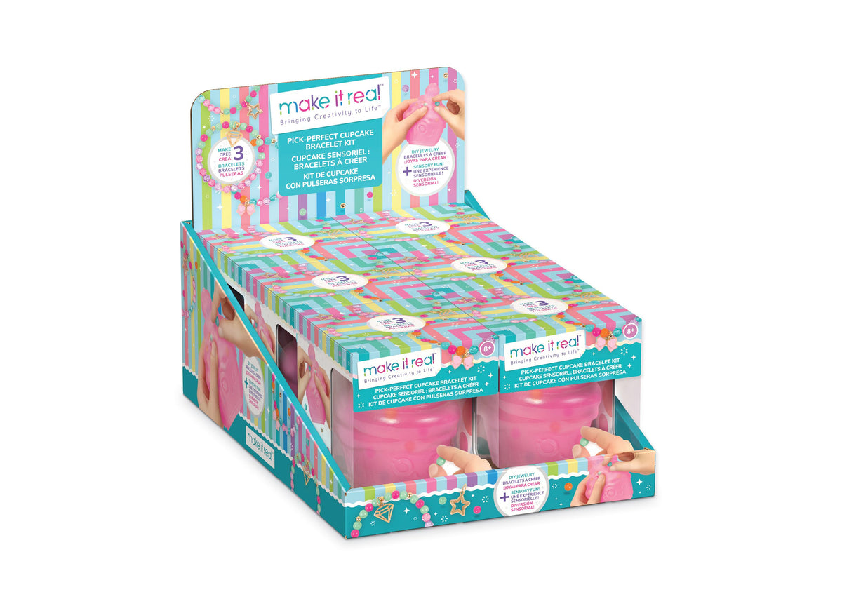Make It Real Pick Perfect Cupcake Bracelet Kit display box with pink cupcake-shaped bracelet makers