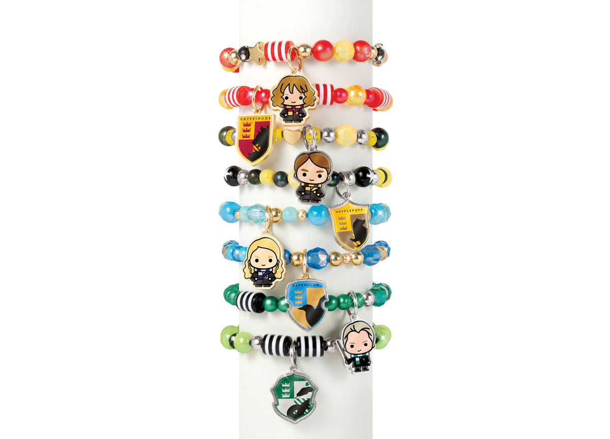 Make It Real Harry Potter Hogwarts Castle Style DIY Bracelet Kit showing 8 beaded bracelets in house colors with char...