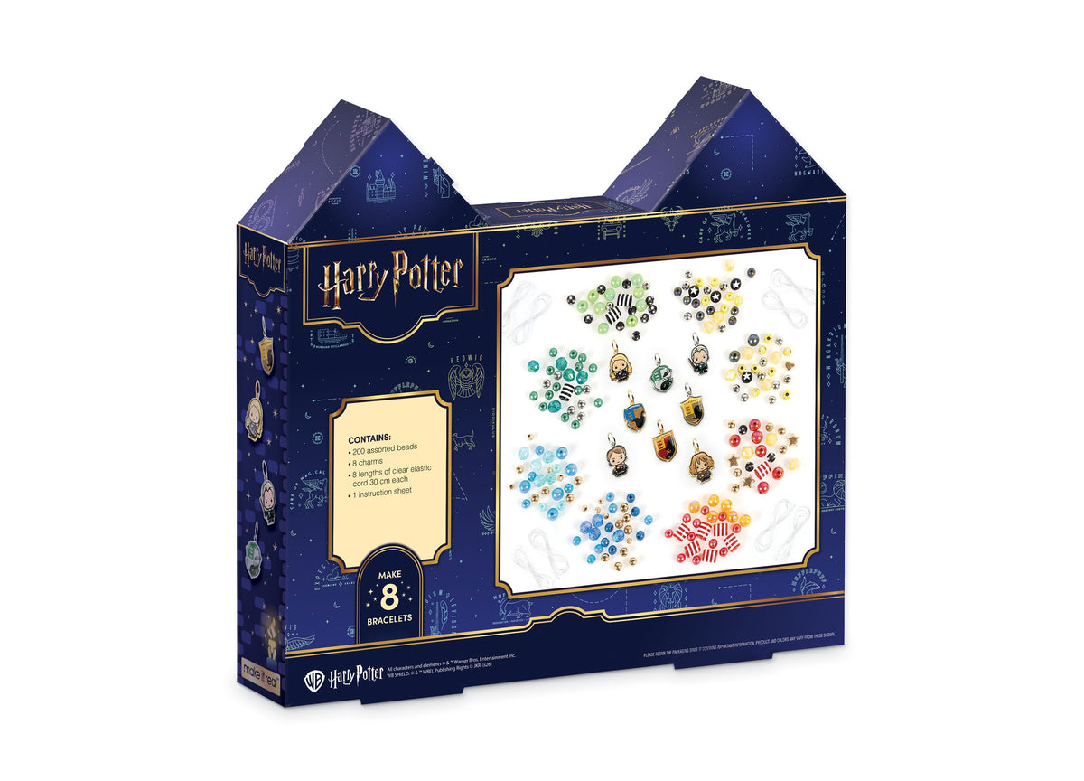 Harry Potter Hogwarts Castle Style DIY Bracelet Kit box showing beads and charms in house colors