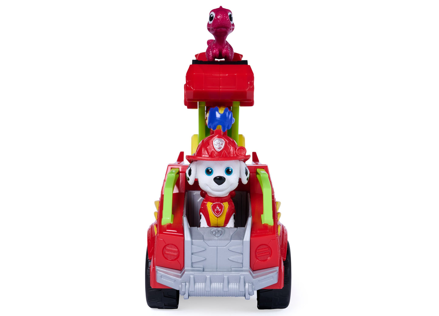 Paw Patrol Dino Theme Rescue Fire Truck with red vehicle and dinosaur figure