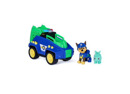 Paw Patrol Chase Dino Rescue Cruiser with spring-loaded claw, blue and green vehicle with figure